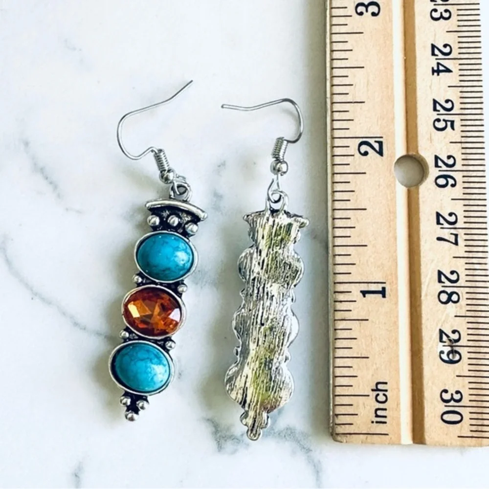 2/$30🌵 Silver Faux Turquoise Amber Stone Earrings Bohemian NEW Southwestern